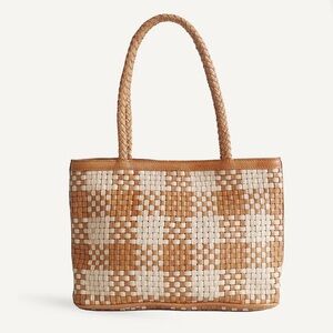Woven Two-Tone Leather Shoulder Bag - Tan and Cream